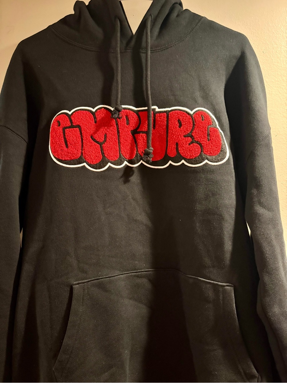 Black Crewneck Empyre Hoodie with Red Chenille Graphic